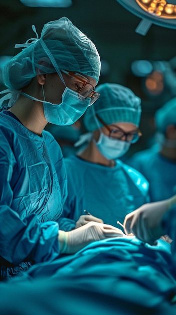 In una sala operatoria di un ospedale, i medici di una squadra impiegano attrezzature mediche. Un medico chirurgo tiene uno strumento laparoscopico nell'addome del paziente.