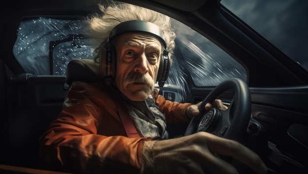 In una scena peculiare un uomo eccentrico corre in un'auto ipersonica che incarna una fusione di eccentricità e tecnologia automobilistica all'avanguardia.