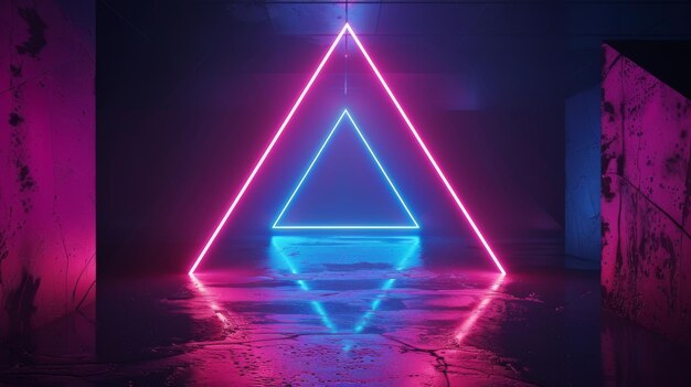 In una stanza nera con una forma geometrica olografica rosa e blu appare uno sfondo al neon