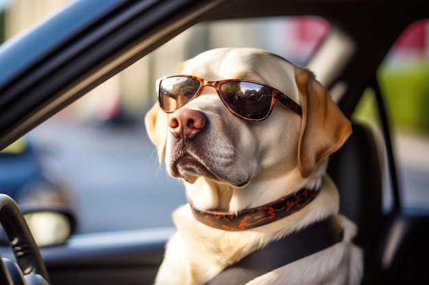 In una vacanza guidare un felice cane labrador in occhiali da sole pilota l'auto Concetto di viaggio per animali domestici