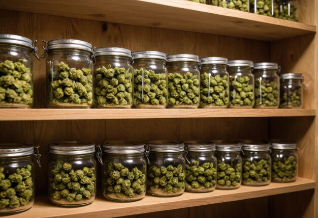 In uno scaffale di un dispensario calorosamente illuminato sono adornati con barattoli che mostrano lussureggianti germogli di cannabis verde