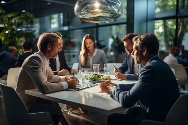 In uno spazio ufficio elegante e moderno, decorato con un arredamento minimalista, un gruppo di giovani imprenditori ambiziosi