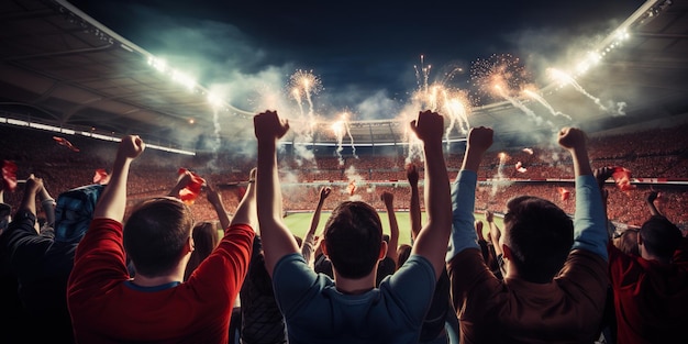 In uno stadio di calcio le luci illuminano la scena esuberante mentre i tifosi esultano appassionatamente creando un'atmosfera elettrizzante di eccitazione AI Generative AI