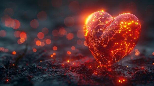 In uno stile futuristico un cuore digitale brilla modello 3D con cartella postale di consistenza è un simbolo di carità e innovazione