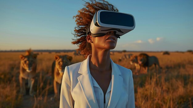 In VR Headset Donna che sperimenta l'avventura del safari virtuale Leoni sullo sfondo generati dall'AI