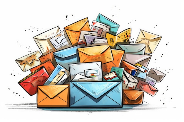 Inbox di email marketing su sfondo bianco in stile cartone animato generato da AI