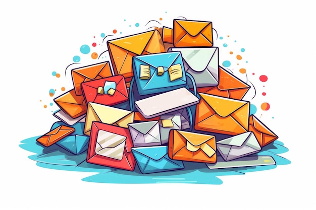 Inbox di email marketing su sfondo bianco in stile cartone animato generato da AI