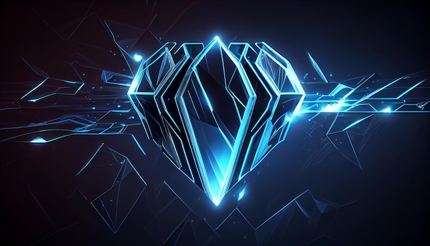 Incandescente cristallo di diamante stile cyberpunk Forma geometrica futuristica con effetto blu Design per eventi musicali promozionali giochi banner web sfondi AI generativa