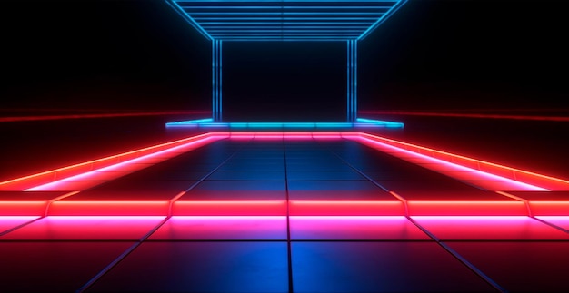 Incandescente linee al neon tunnel luci al neon realtà virtuale sfondo astratto portale arco laser mostra AI immagine generata