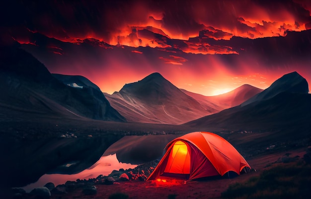 Incandescente tenda arancione in montagna sotto il drammatico cielo serale Tramonto rosso