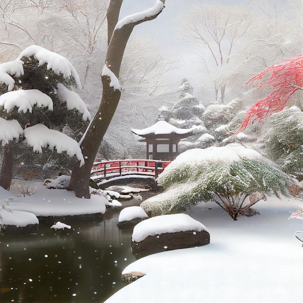 Incantato giardino giapponese inverno sfondo carta da parati pittura arte della parete