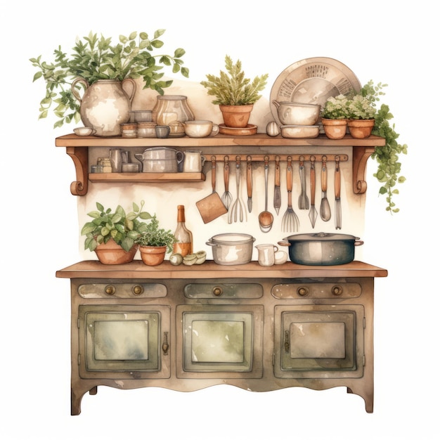 Incantevole acquerello Cottagecore Gabinetto da cucina Clipart Captivante semplicità e fascino rustico i