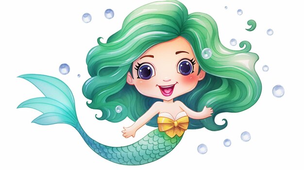 Incantevole acquerello di cartone animato Sirena capricciosa opera d'arte sottomarina per bambini Nursery Decor.