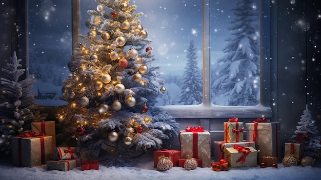 Incantevole albero di Natale con decorazioni di neve e scatole regalo Magia festiva delle vacanze