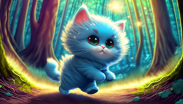 Incantevole avventura Il simpatico e soffice gatto palla blu insegue una lucciola attraverso una foresta magica