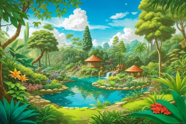 Incantevole avventura nella natura selvaggia della giungla dei cartoni animati nella foresta verde fantasy
