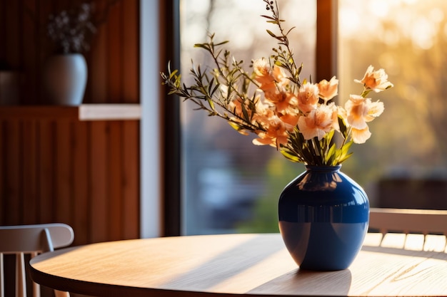 Incantevole bagliore del tramonto Un vaso blu in fiore adornato con fiori Margaret illumina il Ro di legno