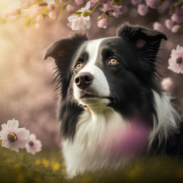 Incantevole border collie con un incantevole fiore naturale sullo sfondo