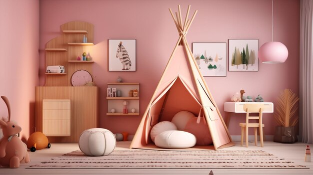 Incantevole cameretta dei bambini 3D Teepee in legno Giocattoli giocosi e atmosfera rosa nostalgica Premium