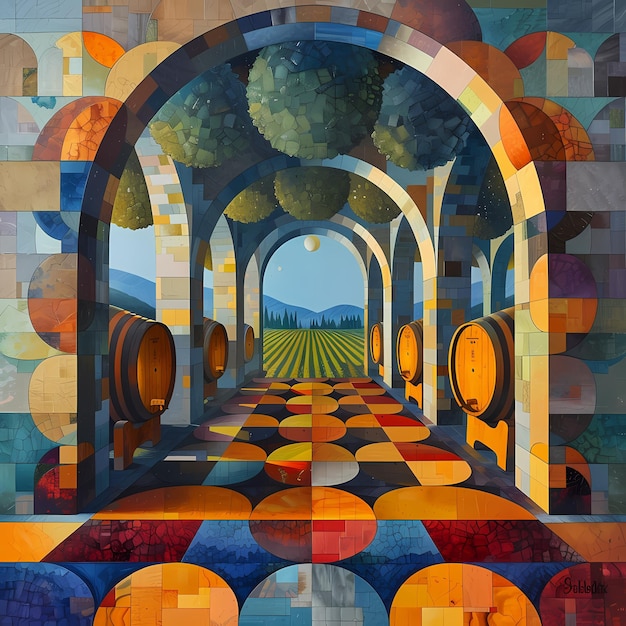 Incantevole cantina della vigna con botti di vino e vista panoramica