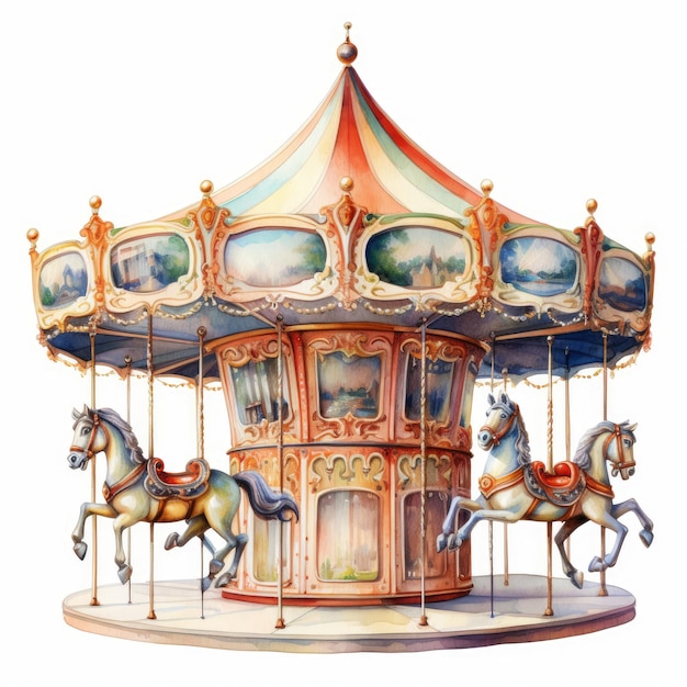 Incantevole carousel ad acquerello squisita illustrazione a 8K di graziosi cavalli vibrantemente colorati con