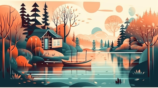 Incantevole casa dei cartoni animati nella foresta con una barca sul lago