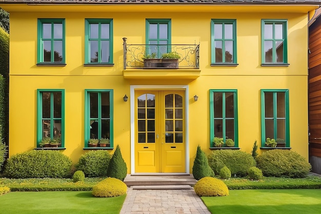 Incantevole casa gialla con finestre in legno e giardino erboso verde