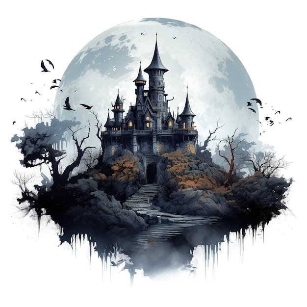 Incantevole castello stregato Halloween Acquerello Illustrazione Generativa Ai