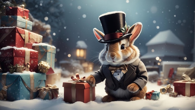 Incantevole coniglio vintage su uno scintillante sfondo a tema natalizio