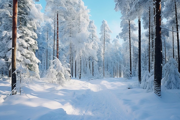 Incantevole foresta coperta di neve nel cuore dell'inverno