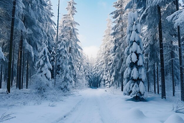 Incantevole foresta coperta di neve nel cuore dell'inverno