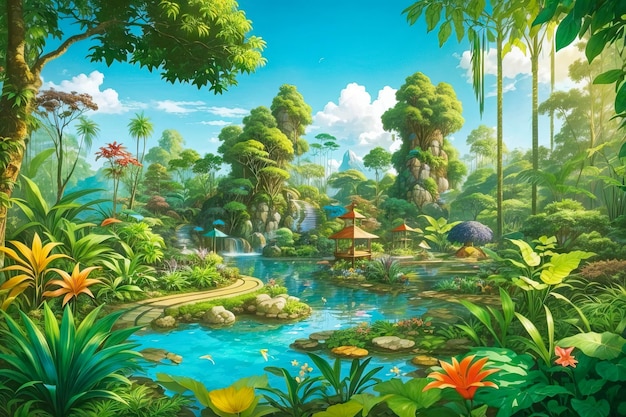 Incantevole giardino botanico di avventura nella natura selvaggia della giungla dei cartoni animati nella foresta verde della fantasia