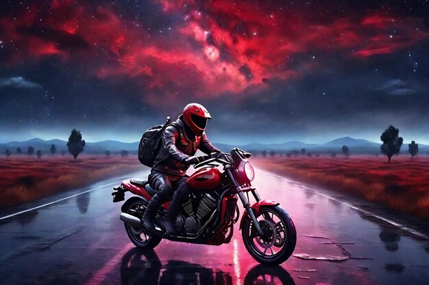 Incantevole giro in moto 8K Ghost Rider su Rainy Night Road sotto il cielo rosso stellato