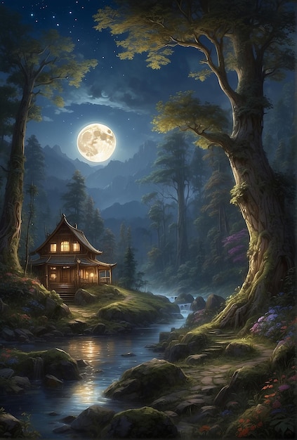 Incantevole illuminato dalla morbida illuminazione della luce lunare in una foresta mistica che mostra