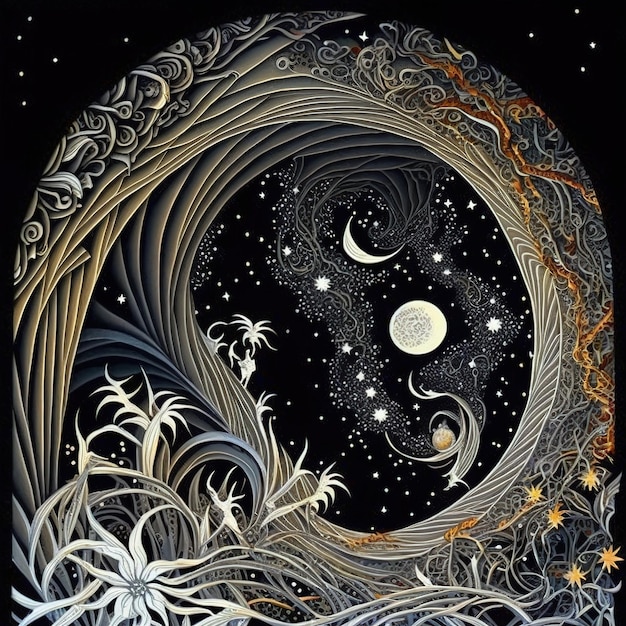 Incantevole illustrazione di carta tagliata notte stellata con luce lunare incandescente