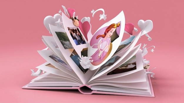 Incantevole libro aperto illustrazione 3D invitante collezione di favole con un tocco di romanticismo