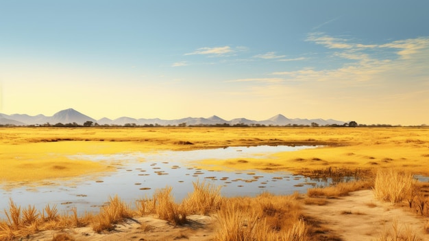 Incantevole paesaggio desertico di ispirazione africana con erbe alte e un lago sereno