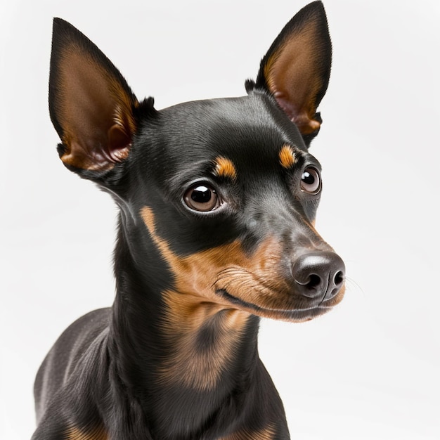 Incantevole ritratto di cane pinscher miniatura adorabile su sfondo bianco isolato