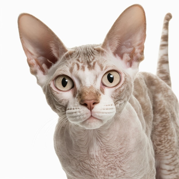 Incantevole ritratto di gatto devon rex adorabile su sfondo bianco isolato