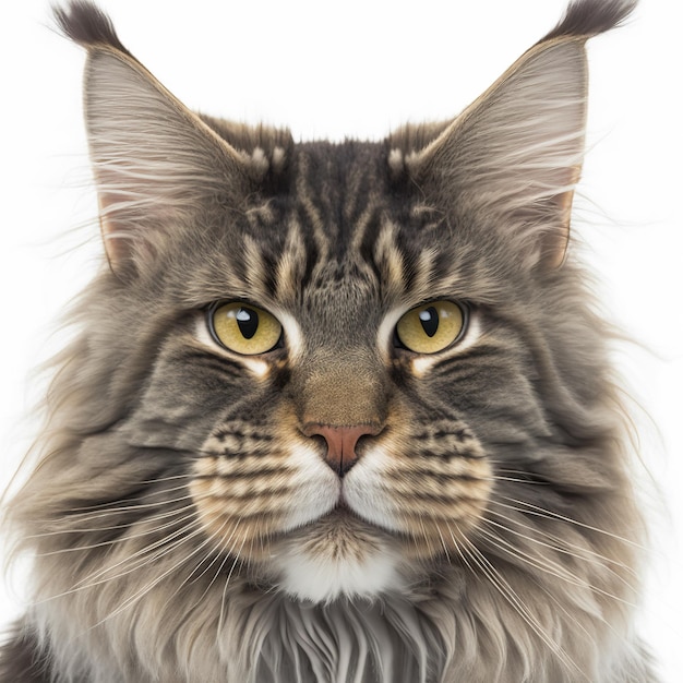 Incantevole ritratto di gatto maine coon adorabile su sfondo bianco isolato