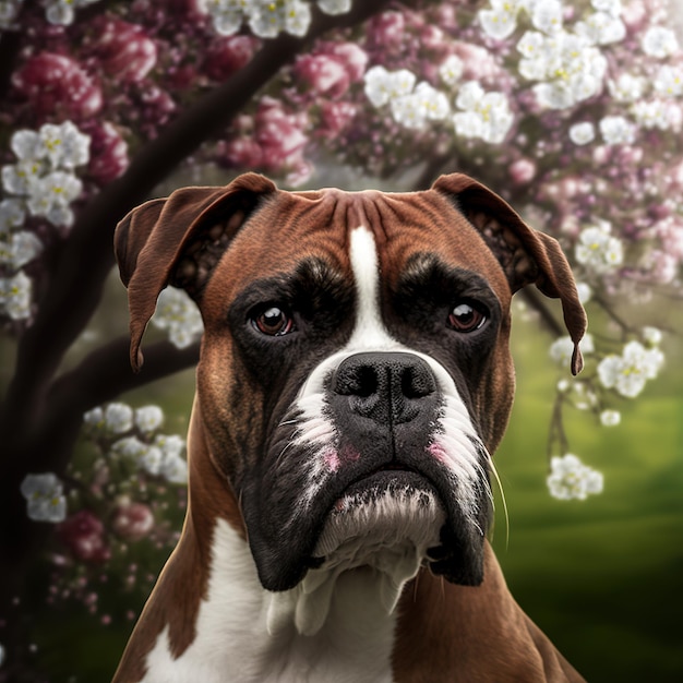 Incantevole ritratto digitale iper realistico di cane boxer felice in natura all'aperto