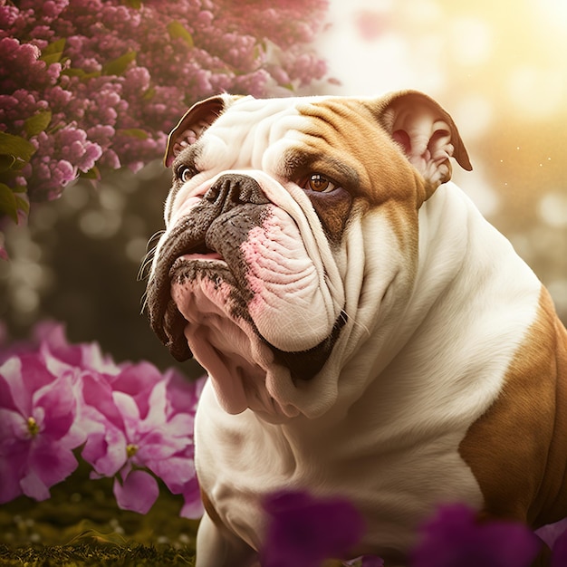 Incantevole ritratto digitale iper realistico di cane bulldog felice in natura