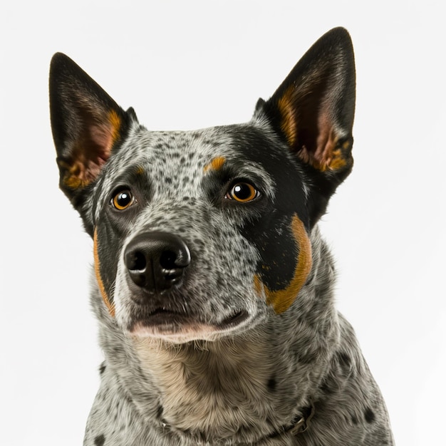 Incantevole ritratto realistico di heeler blu australiano su sfondo bianco isolato