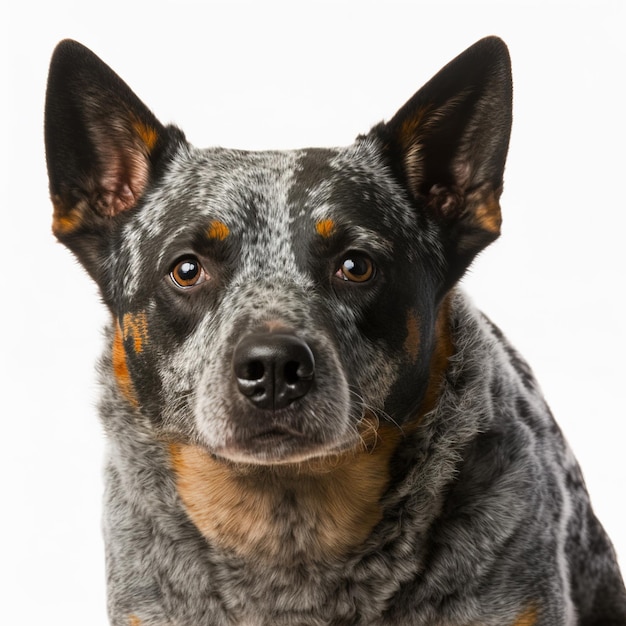 Incantevole ritratto realistico di heeler blu australiano su sfondo bianco isolato