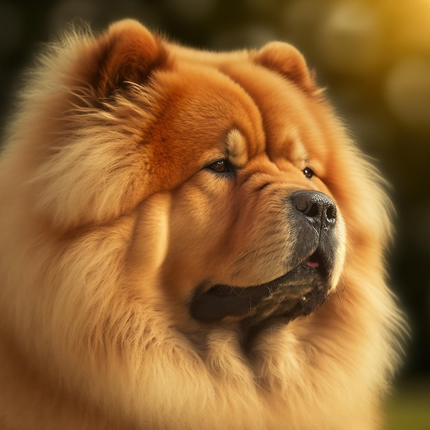 Incantevole ritratto realistico di soffice chow chow marrone sullo sfondo della natura