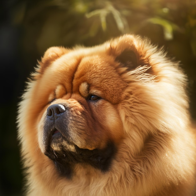 Incantevole ritratto realistico di soffice chow chow marrone sullo sfondo della natura