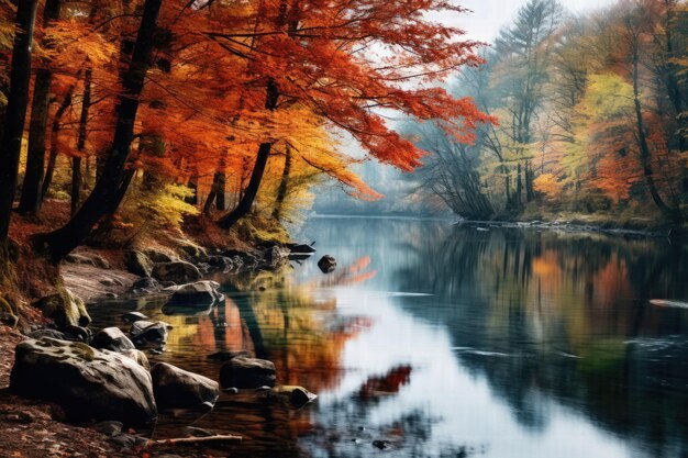 Incantevole riva del fiume alla scoperta di una foresta autunnale decorata con foglie vivaci