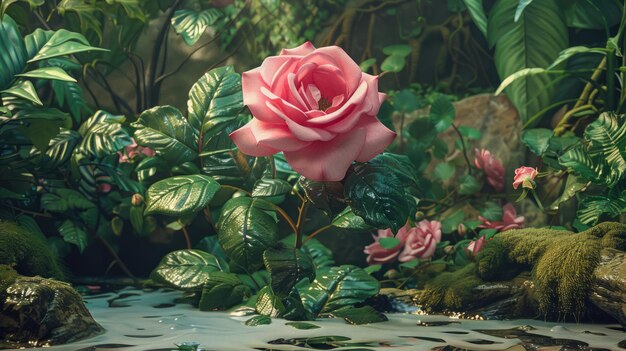 Incantevole rosa rosa solitaria in fiore in una foresta lussureggiante natura concetto di bellezza elegante