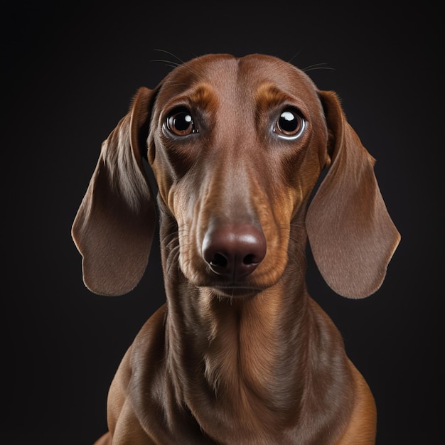 Incantevole scatto in studio con un simpatico ritratto di bassotto marrone con sguardo curioso