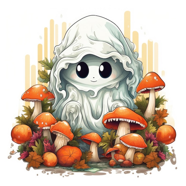 Incantevole spirito autunnale Adorabile fantasma con funghi e piante grasse dai colori autunnali su sfondo bianco